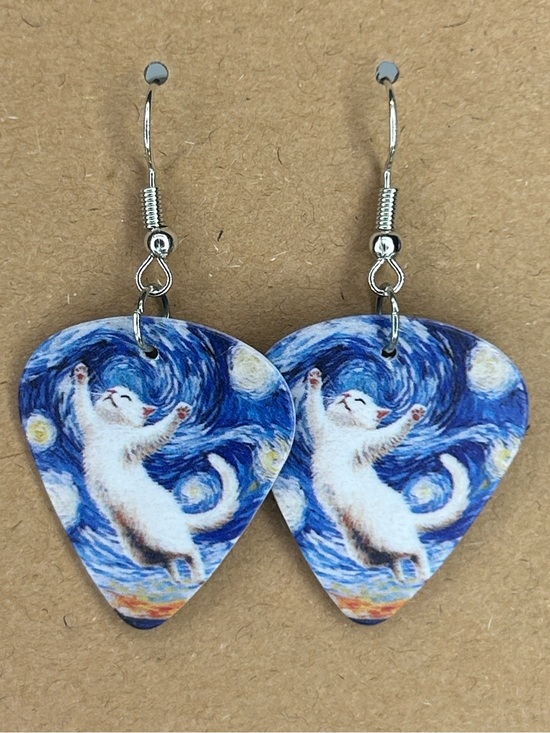 Fashion Jewelry Jewelry - Starry Night Cat Custom Guitar Pick Drop Earrings - Blue & White Fashion Jewelry